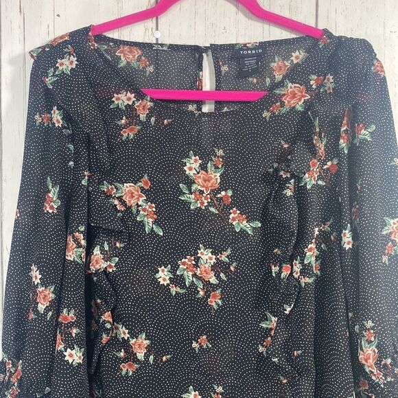Torrid Floral Dot Print Chiffon Ruffled Smocked Bell Sleeve Top Blouse - Picture 5 of 14